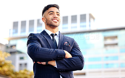 Buy stock photo Outdoor, city and smile of businessman with arms crossed for legal job, career or thinking in New York. Corporate, employee and pride of attorney with happiness for law, justice and idea in low angle