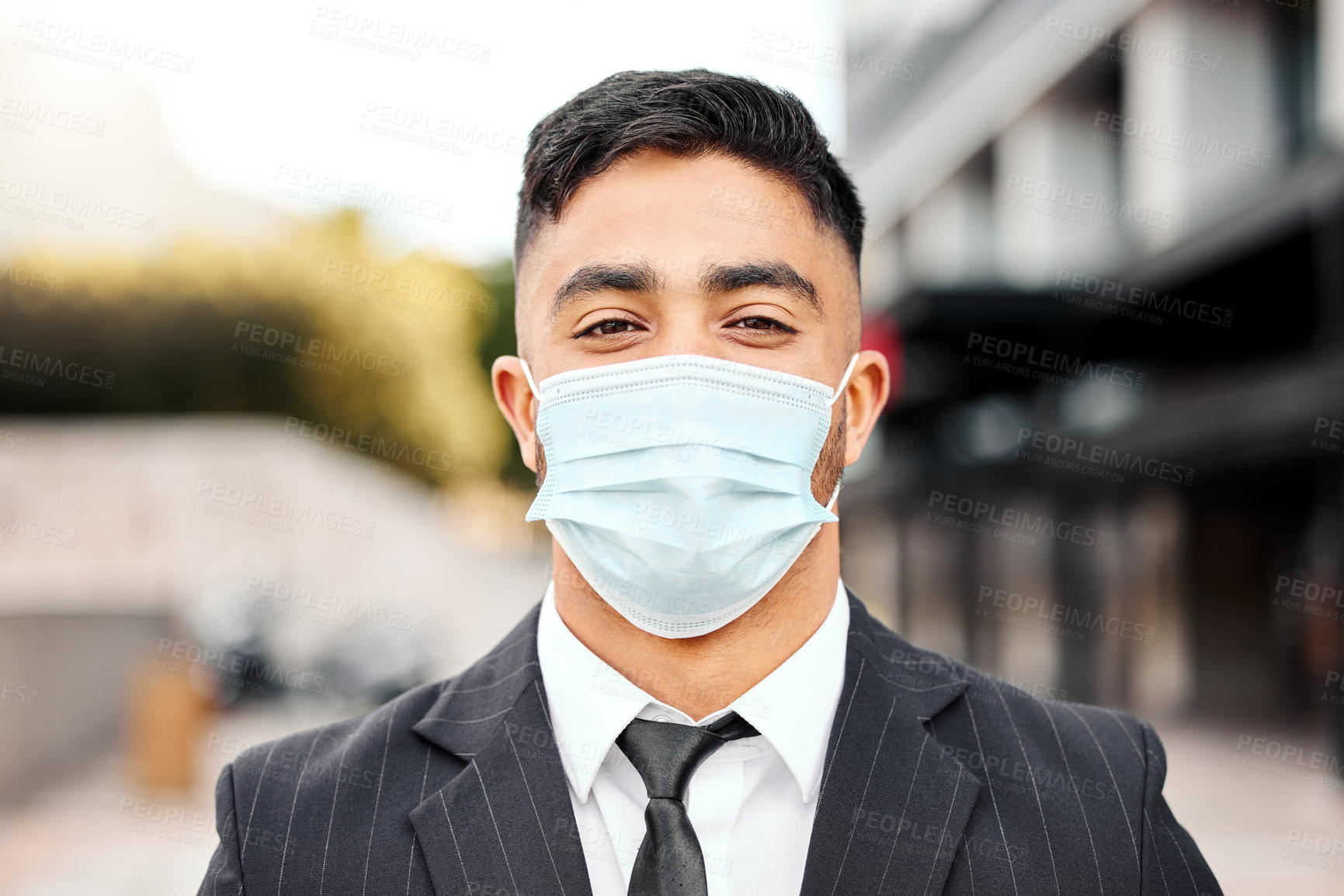 Buy stock photo Face mask, business and portrait of Indian man in city for healthcare, security or outdoor safety in England. Flu, corporate or happy lawyer in pandemic for covid compliance, f or corona virus