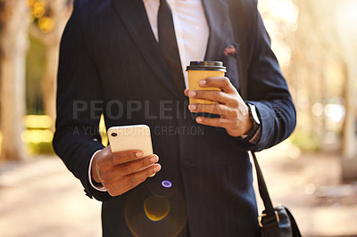 Buy stock photo Hand, phone and text on road, coffee and communication with company, New York and travel to office. Street, suit and person with mobile, professional and online for connection of publicist outdoor