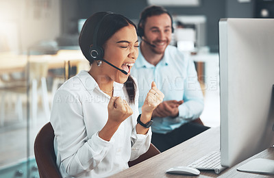 Buy stock photo Call center, customer service and cheering with a woman consultant in her office for support or assistance. CRM, contact us and celebration with a female employee consulting using a headset at work