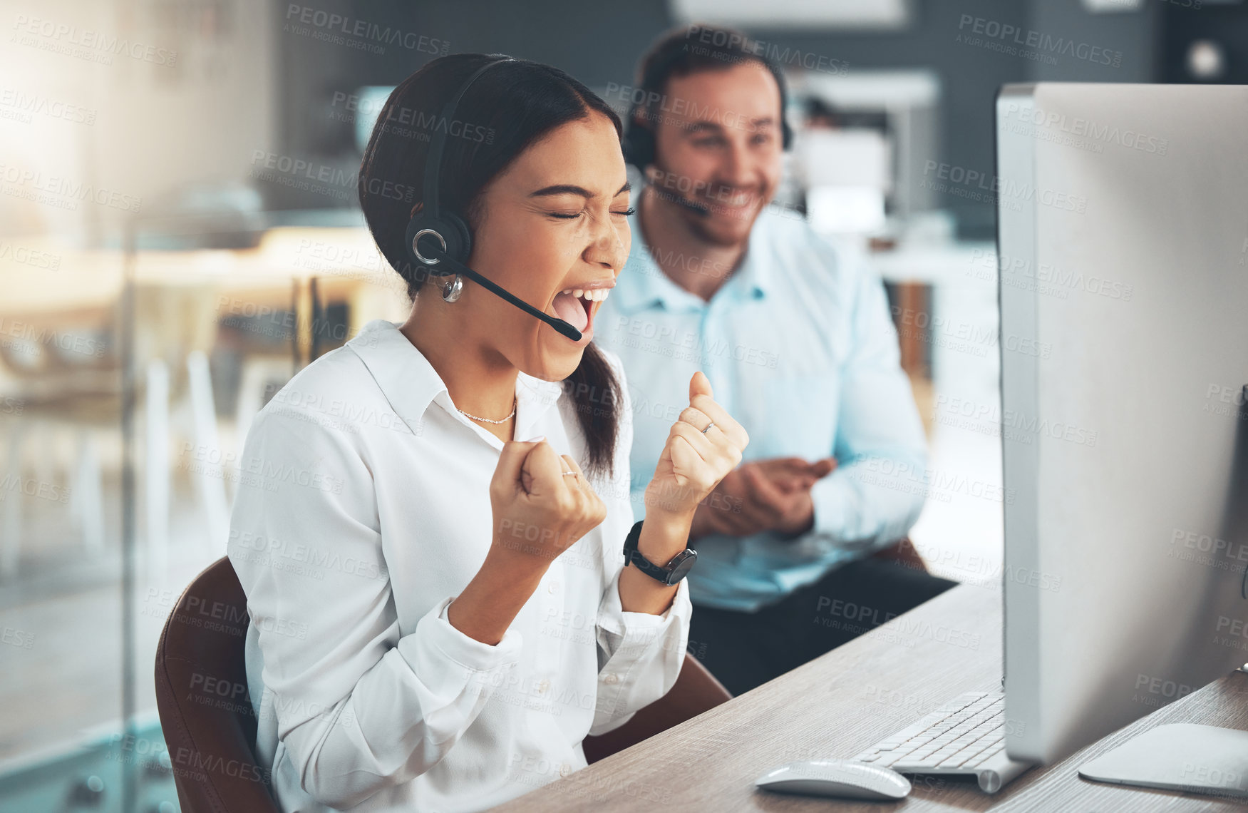 Buy stock photo Call center, customer service and cheering with a woman consultant in her office for support or assistance. CRM, contact us and celebration with a female employee consulting using a headset at work