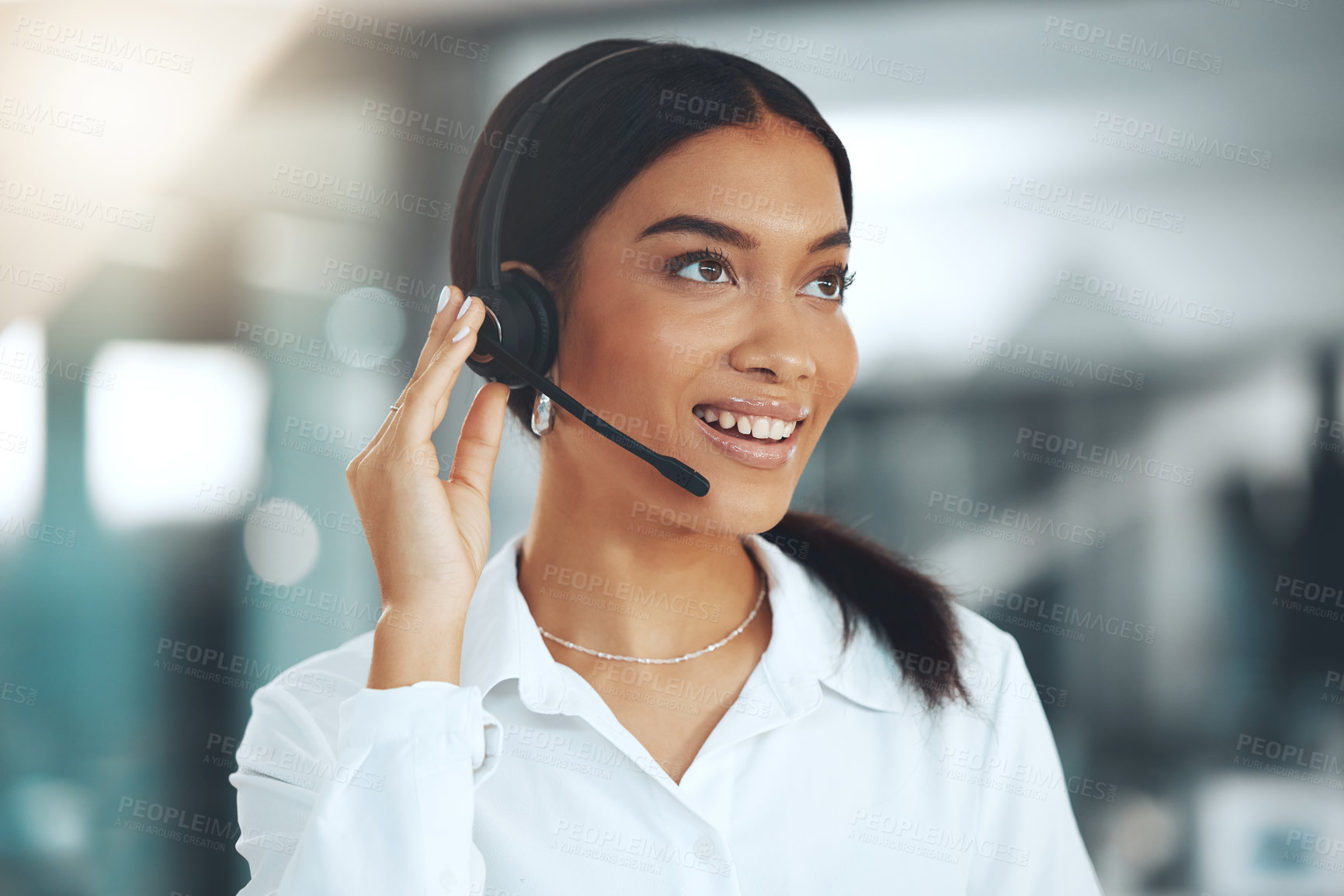 Buy stock photo Woman, headset and call center communication for telemarketing, customer service or sales. Female person, smile and tech support in workplace or hello advisor with hotline, connection or consultation
