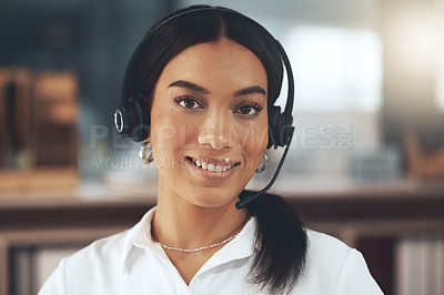 Buy stock photo Call center, portrait and smile with woman consultant in telemarketing office for help or sales. Contact us, face and headset with happy agent in workplace for consulting, customer service or support