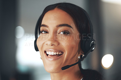 Buy stock photo Call center, happy and portrait with woman consultant in telemarketing office for help or sales. Contact us, face and headset with smile of hotline agent in workplace for customer service or support