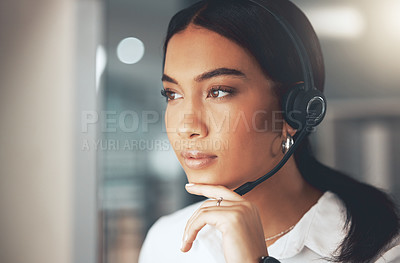 Buy stock photo Call center, idea and problem solving with woman consultant in telemarketing office for help or sales. Contact us, face and headset with agent thinking in workplace for customer service or support