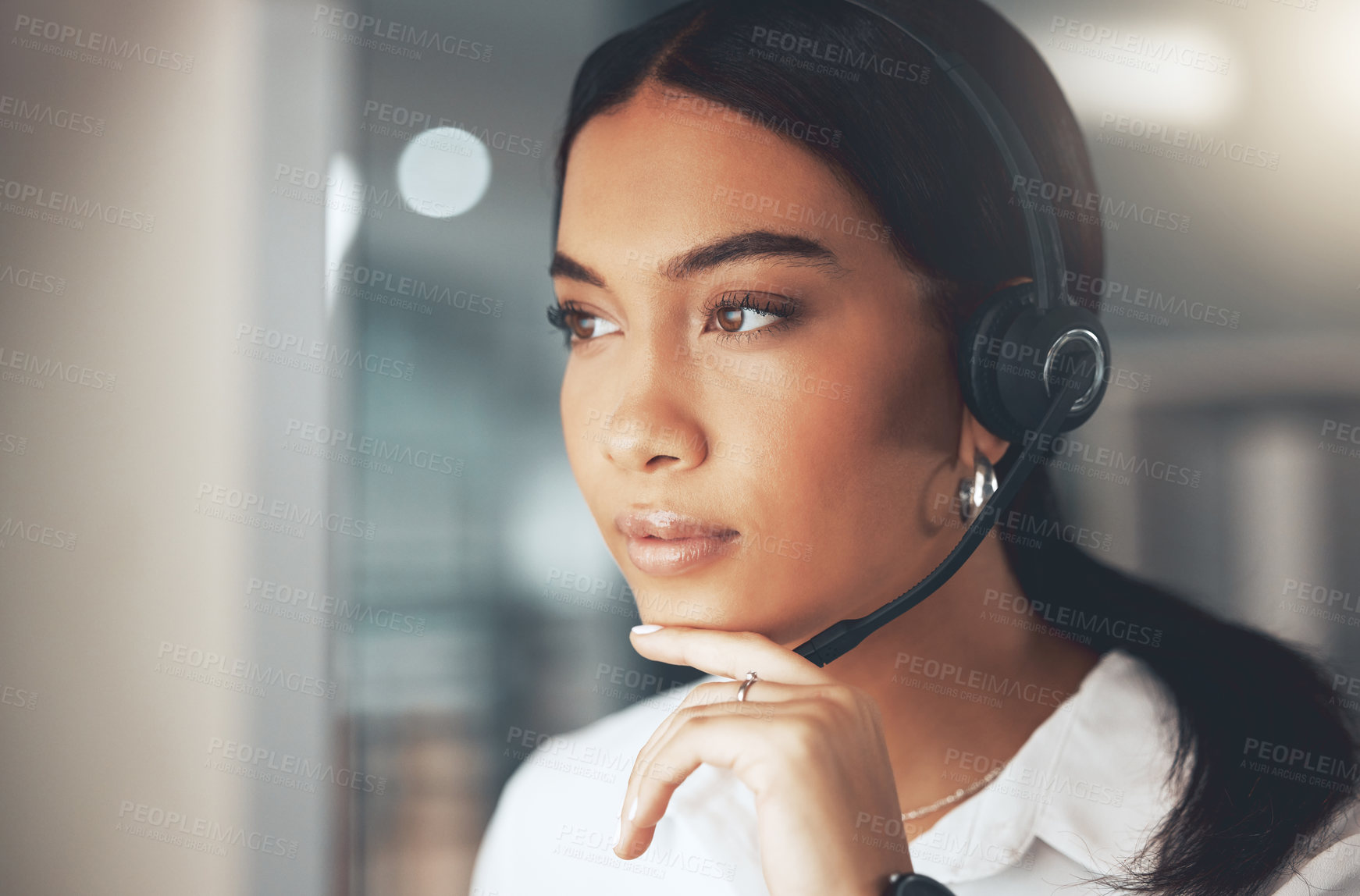 Buy stock photo Call center, idea and problem solving with woman consultant in telemarketing office for help or sales. Contact us, face and headset with agent thinking in workplace for customer service or support