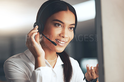 Buy stock photo Call center, computer and help with woman consultant in telemarketing office for help or sales. Contact us, face and headset with crm agent in workplace for consulting, customer service or support
