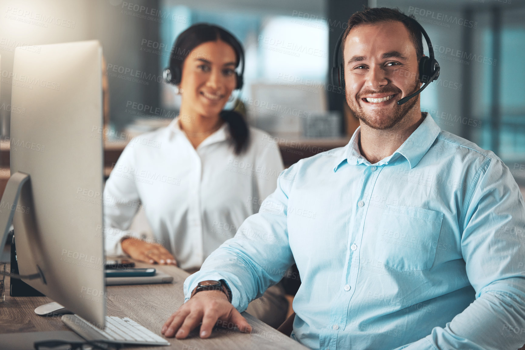 Buy stock photo Business people, call centre team and telemarketing with headphones for customer service and tech support. Consultant group, teamwork and communication, collaboration and assistance for clients