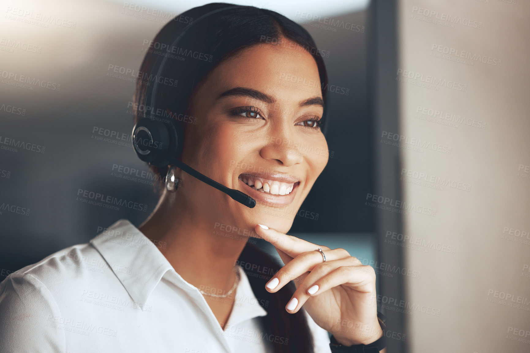 Buy stock photo Call center, computer and thinking with smile of woman in telemarketing office for help or sales. Contact, face and headset with happy online agent in workplace for customer service or support