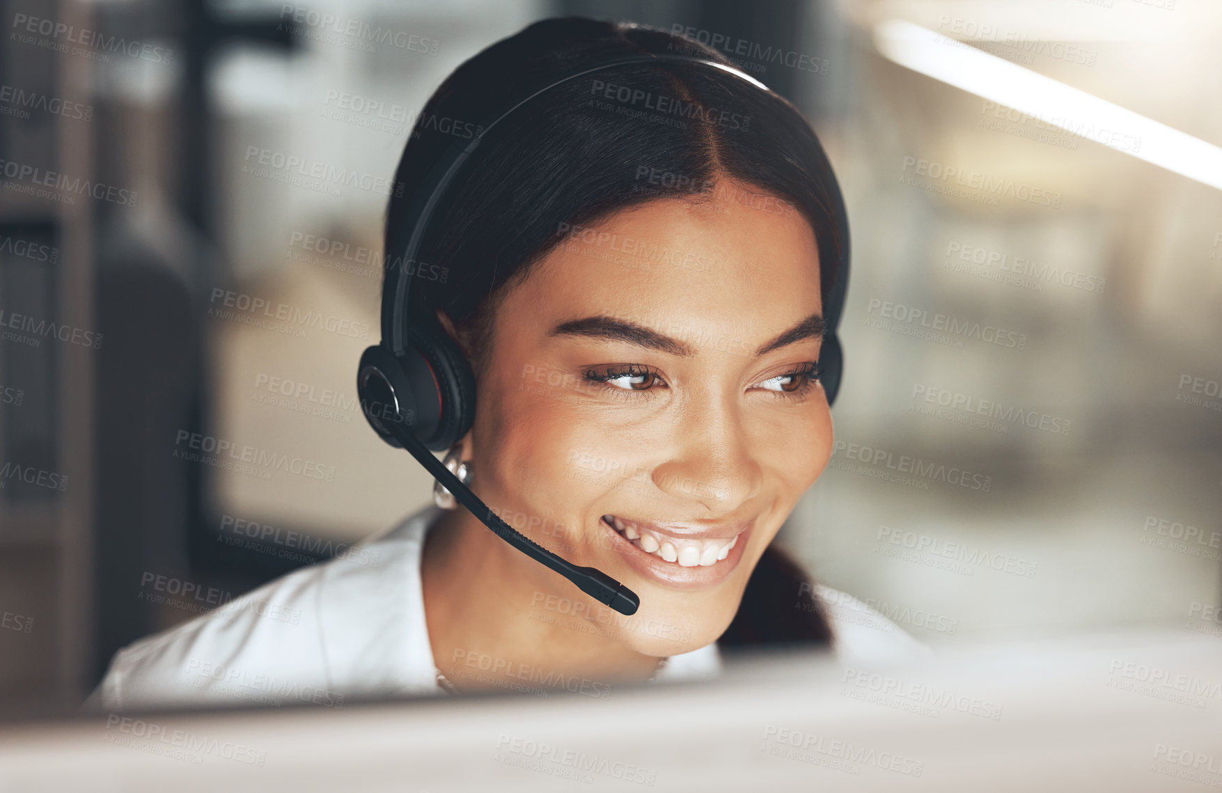 Buy stock photo Call center, computer and smile with woman consulting in telemarketing office for help or sales. Contact us, face and headset with happy consultant in workplace for online customer service or support