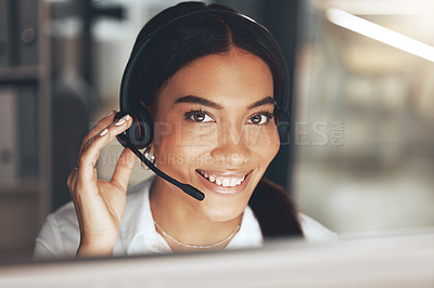 Buy stock photo Call center, computer and smile with portrait of woman in telemarketing office for sales help. Contact, face and headset for consulting with happy agent in workplace for customer service or support