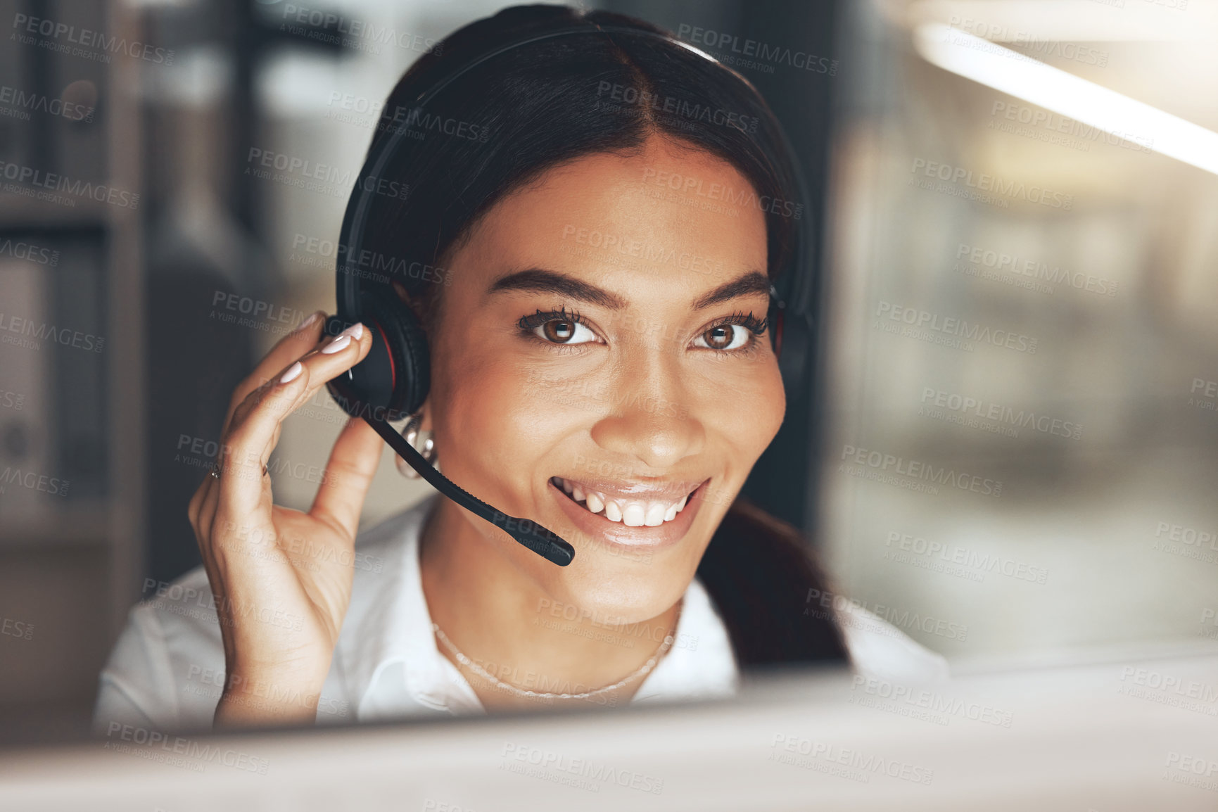 Buy stock photo Call center, computer and smile with portrait of woman in telemarketing office for sales help. Contact, face and headset for consulting with happy agent in workplace for customer service or support