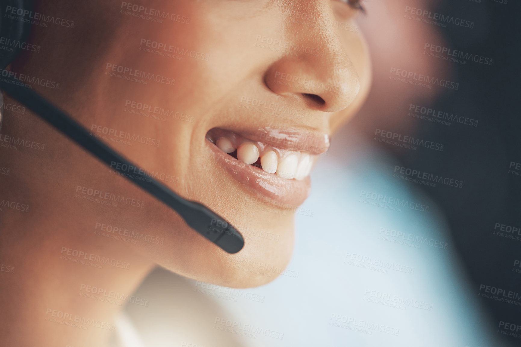 Buy stock photo Cropped shot of an unrecognizable call centre agent sitting in her office