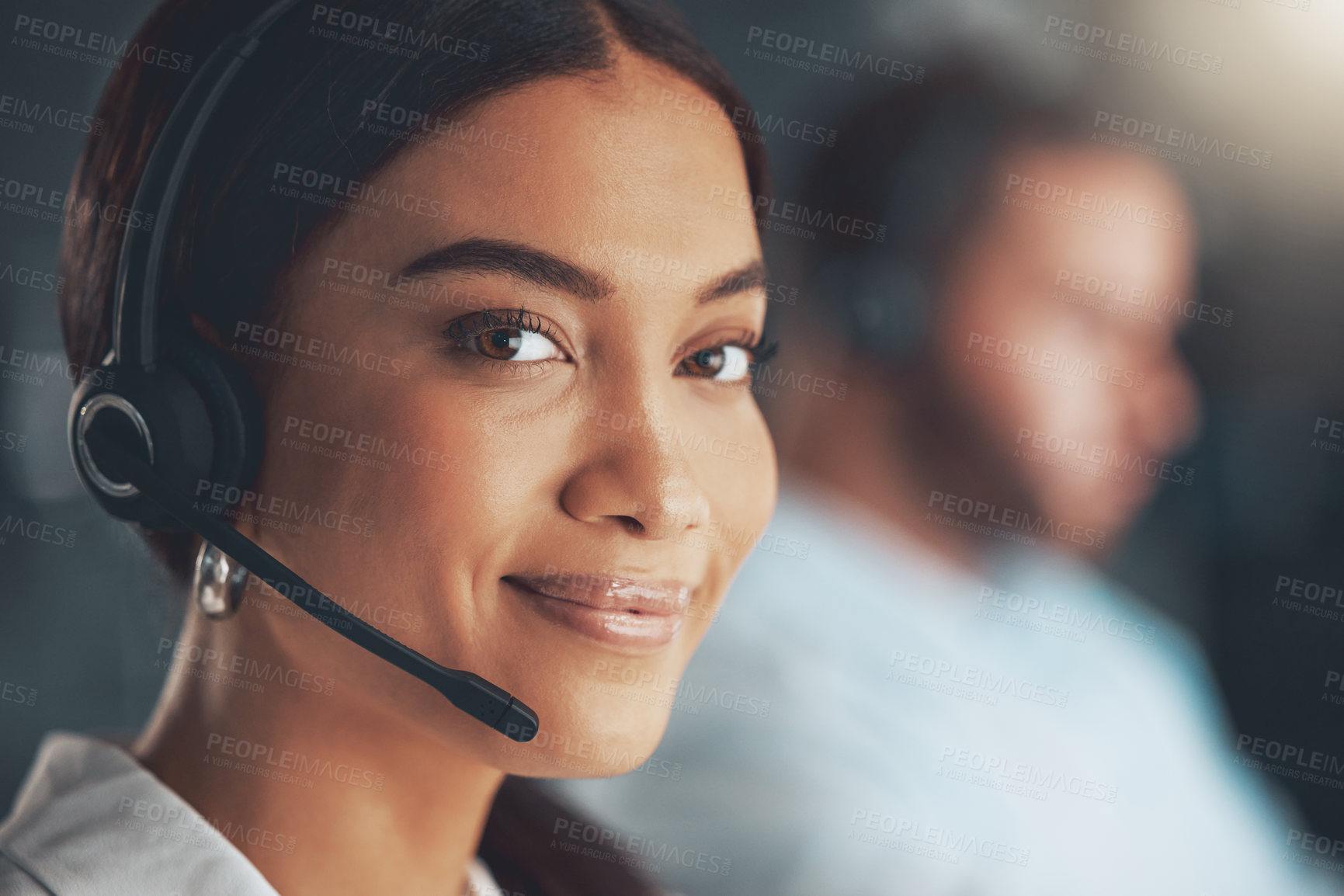 Buy stock photo Call center, portrait and smile with woman in telemarketing office for assistance, help or sales. Contact, face and headset with confident or happy agent in workplace for customer service or support