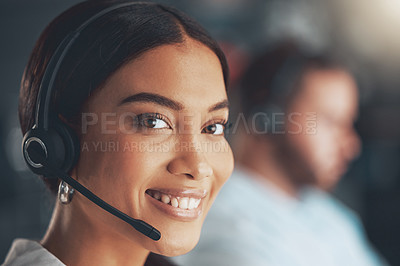 Buy stock photo Call center, portrait and smile with telemarketing consultant in office for assistance or sales helps. Contact us, face and headset with happy woman in workplace for customer service or support