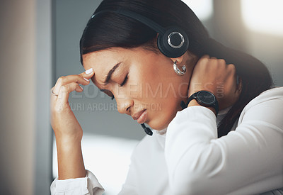 Buy stock photo Woman, headset and telemarketing at call centre with headache pain for burnout, fatigue or brain fog. Female person, hand and computer for customer service or consulting stress, migraine or deadline