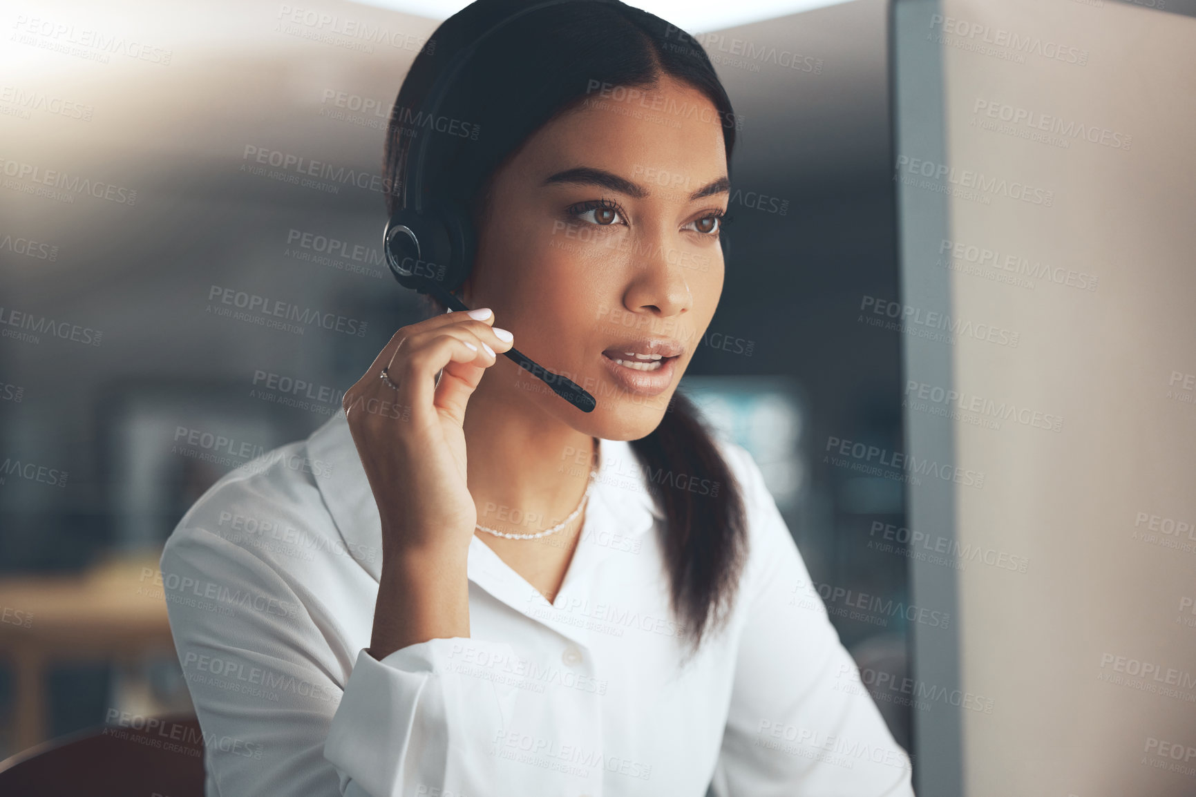 Buy stock photo Call center, computer and problem solving with woman in telemarketing office for help or sales. Contact us, face and headset with agent thinking at work for consulting, customer service or support