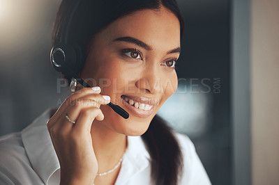 Buy stock photo Call center, portrait and smile with woman consulting in telemarketing office for help or sales. Contact us, face and headset with happy consultant at work for consulting, customer service or support