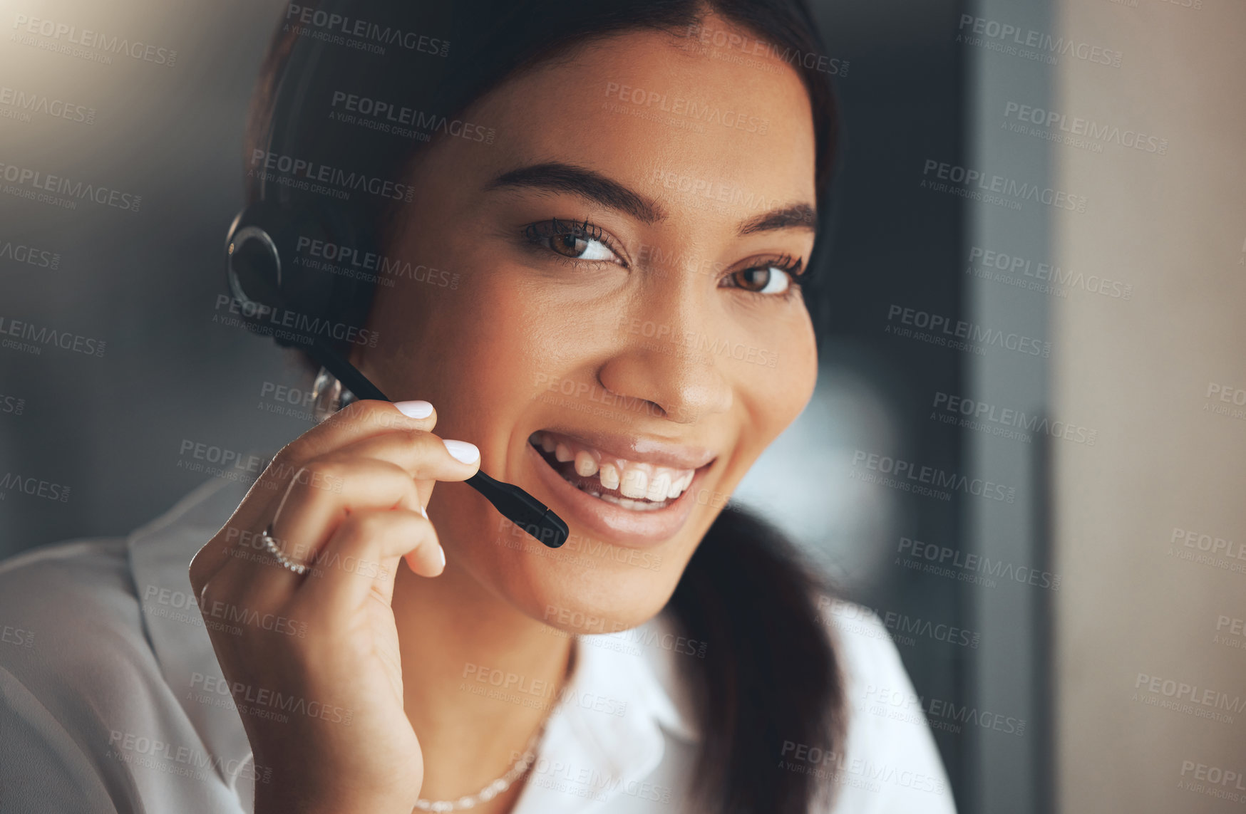 Buy stock photo Call center, headset and portrait with woman consultant in telemarketing office for help or sales. Contact us, face and smile with happy agent in workplace for consulting, customer service or support
