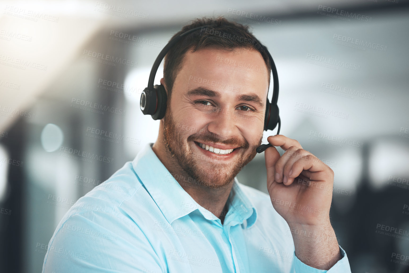 Buy stock photo Man, portrait and headset at call centre for customer support or telemarketing sales, consultant or help desk. Male person, face and happy employee or tech advice for contact us, advisor or service