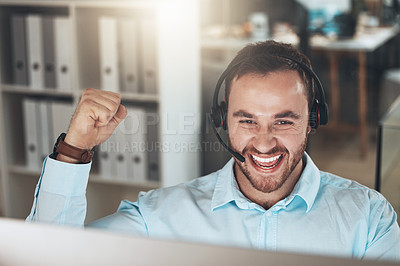 Buy stock photo Man, headset and telemarketing celebration or excited for call centre sales for target, goals or commission. Male person, computer and victory fist as help desk advisor for Incentive, bonus or deal