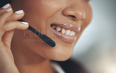 Buy stock photo Woman, call centre and headset for help, contact and secretary or assistant smile in office. Female person, closeup and receptionist or support and sales, customer service and operator for consulting