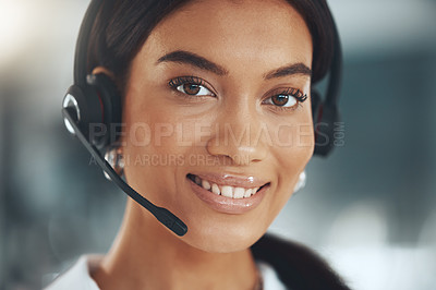 Buy stock photo Call center, portrait and smile with telemarketing woman in consulting office for help or sales. Contact us, face and headset with happy crm consultant in workplace for customer service or support
