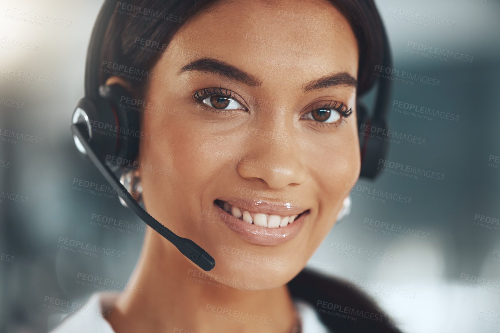 Buy stock photo Call center, portrait and smile with telemarketing woman in consulting office for help or sales. Contact us, face and headset with happy crm consultant in workplace for customer service or support