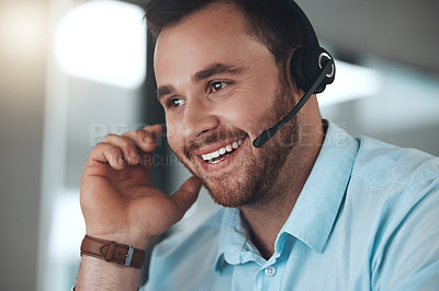 Buy stock photo Man, headset and smile for telemarketing sales or communication, tech support or call center. Male person, customer service and help desk consultation for agent advice as crm, contact us or hello
