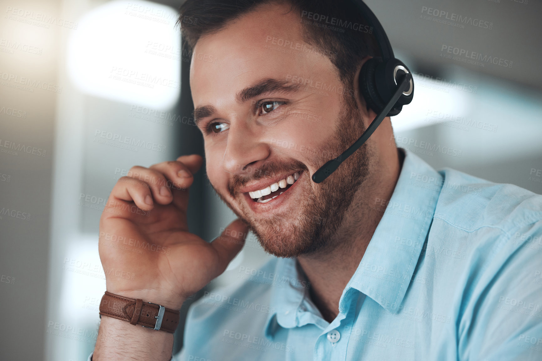 Buy stock photo Man, headset and smile for telemarketing sales or communication, tech support or call center. Male person, customer service and help desk consultation for agent advice as crm, contact us or hello
