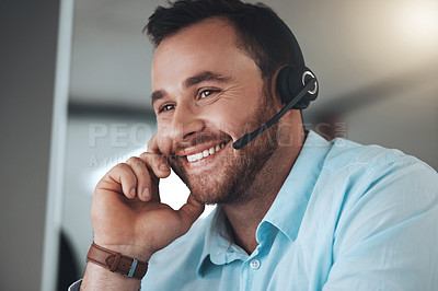 Buy stock photo Man, headset and smile at computer for telemarketing communication, tech support or call center. Male person, customer service and help desk consultation for agent advice as crm, contact us or sales