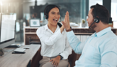 Buy stock photo High five, call center and happy employees in office for success, achievement or sales target. Lens flare, hands together and consulting agents with headset for well done, goal or CRM support