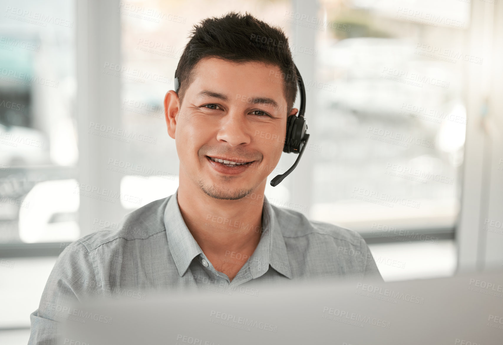 Buy stock photo Portrait, smile and man with headset in office for career, call agent or telecommunication. Professional, business person or consultant for advice, support or answer questions for customer service