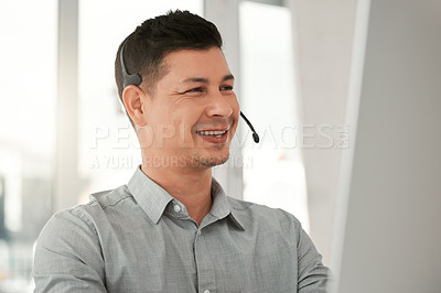 Buy stock photo Video call, smile and man with headset in office for career, agent or telecommunication. Professional, business person or consultant for advice, support or answer questions for customer service
