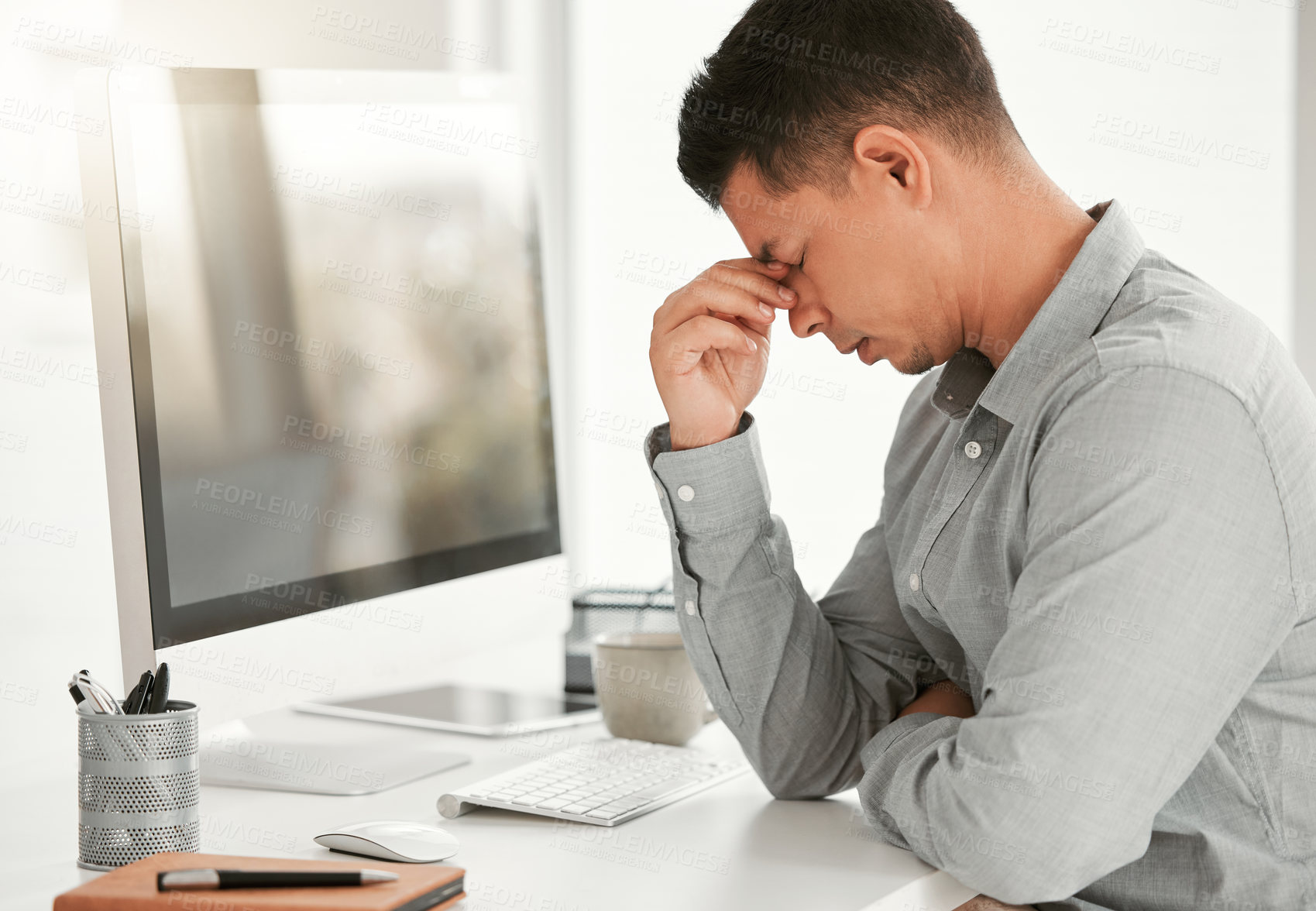 Buy stock photo Stress, headache and businessman with computer in office with burnout for project deadline. Migraine, exhausted and professional male legal advisor working on desktop for difficult negotiation email.