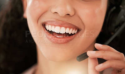 Buy stock photo Mouth, smile and customer support for crm, call center and technology service agency. Consultant, computer and telemarketing company with conversation, happiness and workplace operator with headset
