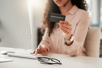 Buy stock photo Office, business woman and credit card with computer for payment, online shopping and banking at work. Hands, female person or laptop and debit for purchase, finance and fintech or ecommerce on app
