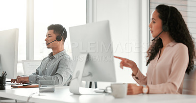 Buy stock photo Call center, computer and woman agent in office for telemarketing crm online consultation. Communication, customer service and female technical support consultant working on desktop in workplace.