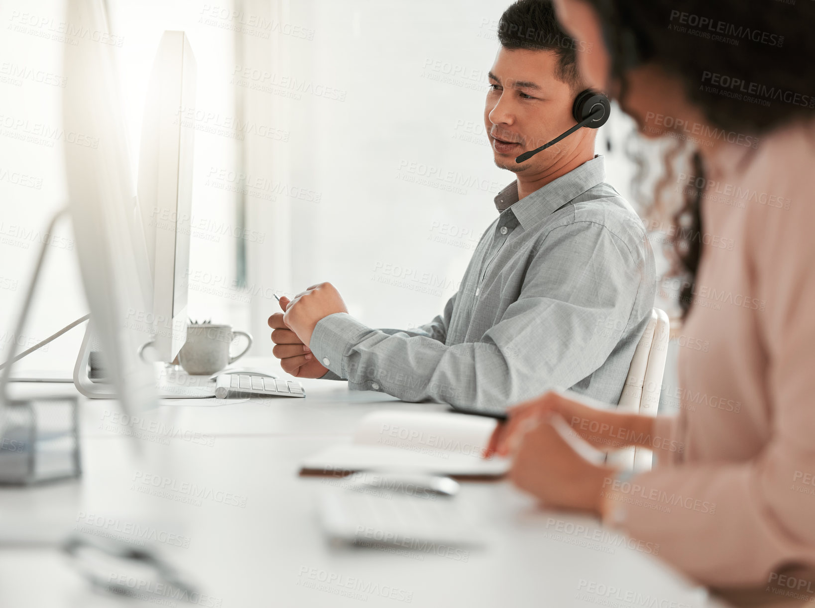 Buy stock photo People, consulting and office of call center for business inbound telemarketing, sales service and crm. Advisor or agent, communication and employee with headphones for listening for customer support