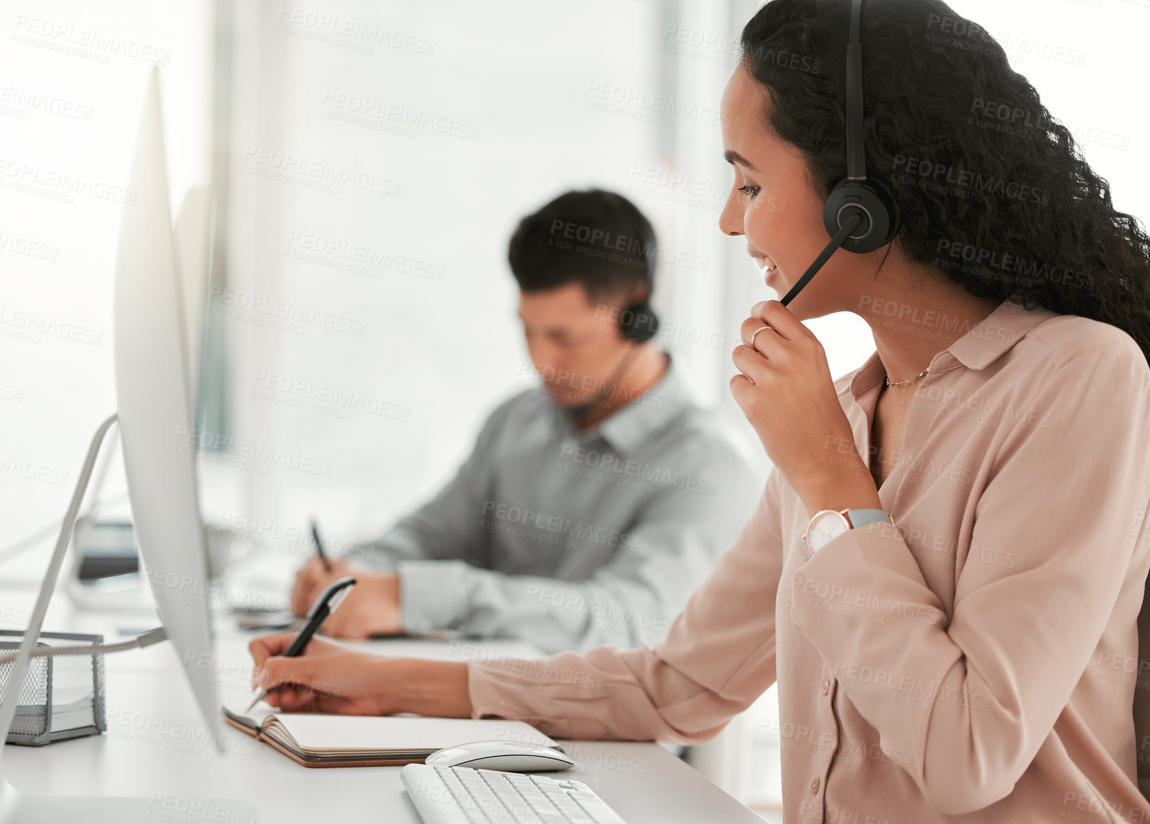 Buy stock photo Call center, computer and woman writing notes in office for telemarketing online consultation. Communication, customer service and female technical support consultant working on desktop in workplace.