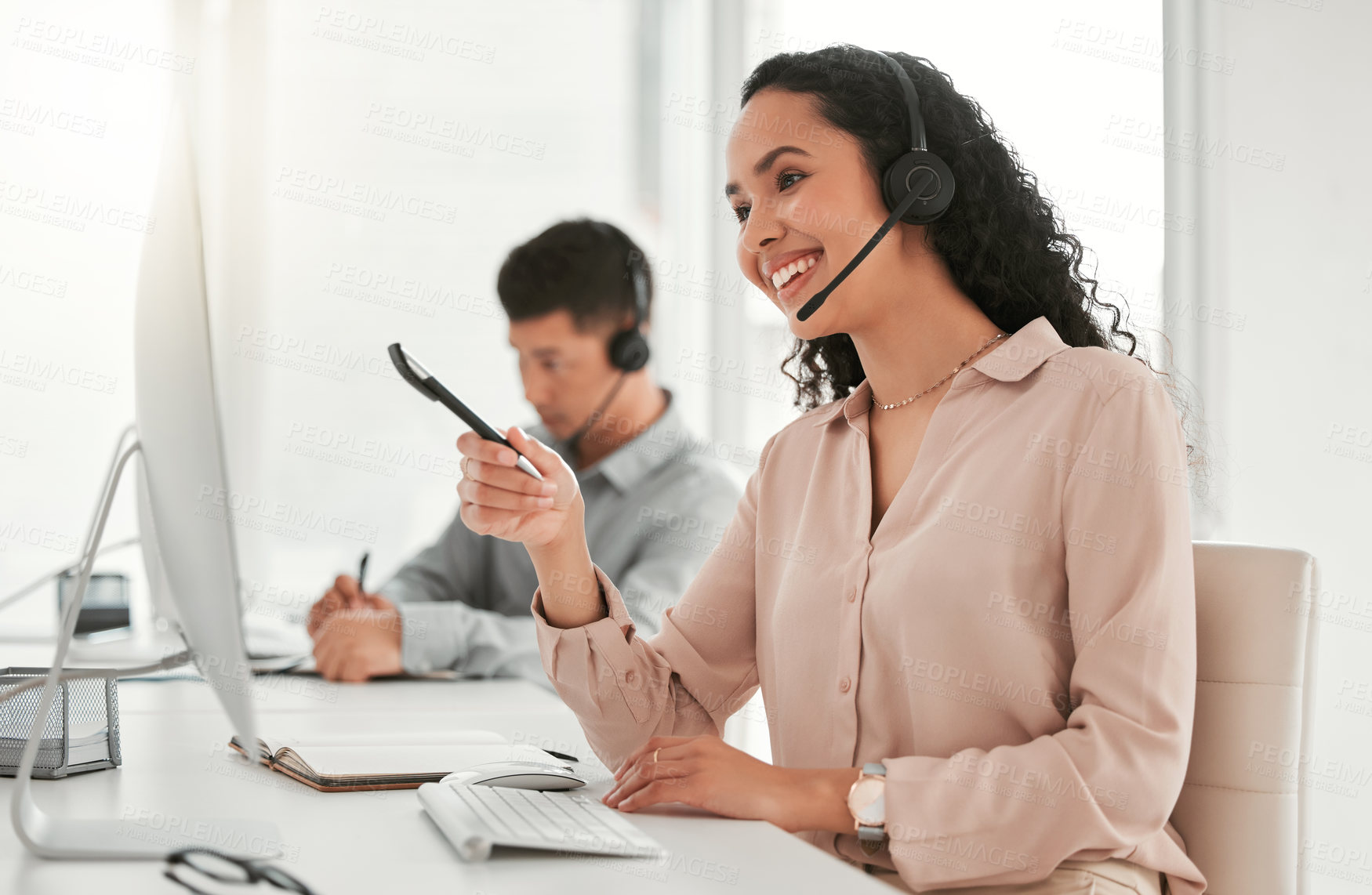 Buy stock photo Call center, computer and woman consultant in office for telemarketing crm online consultation. Communication, customer service and female technical support advisor working on desktop in workplace.