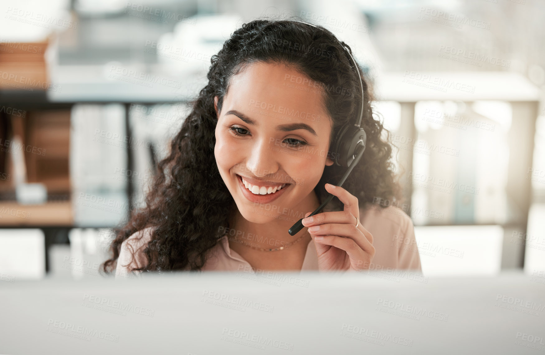 Buy stock photo Video call, smile and woman with headset in office for career, agent or telecommunication. Professional, business person or consultant for advice, support or answer questions for customer service