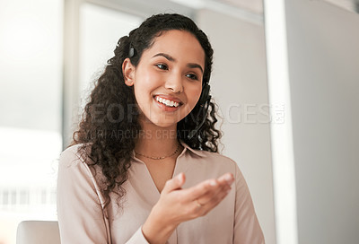 Buy stock photo Woman, smile and telecom for crm, call center and technology service agency. Consultant, computer and telemarketing company with conversation, happiness and workplace operator with headset
