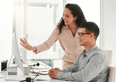 Buy stock photo People, mentor and office of call center with training for inbound telemarketing, sales service and crm. Coaching, agent and communication for employee advice for customer support and professionalism