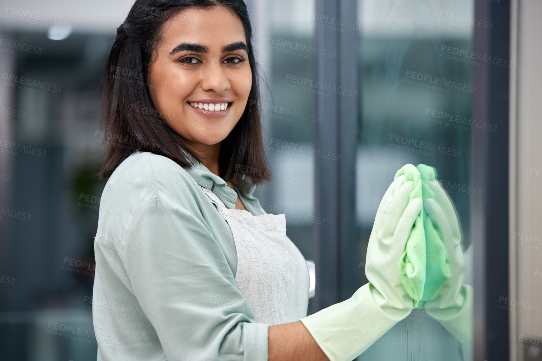 Buy stock photo Window, cleaning and portrait of woman with smile for maintenance, industry and service and work. Bacteria, dust and face of maid with pride for dirt removal, hygiene and disinfection with cloth