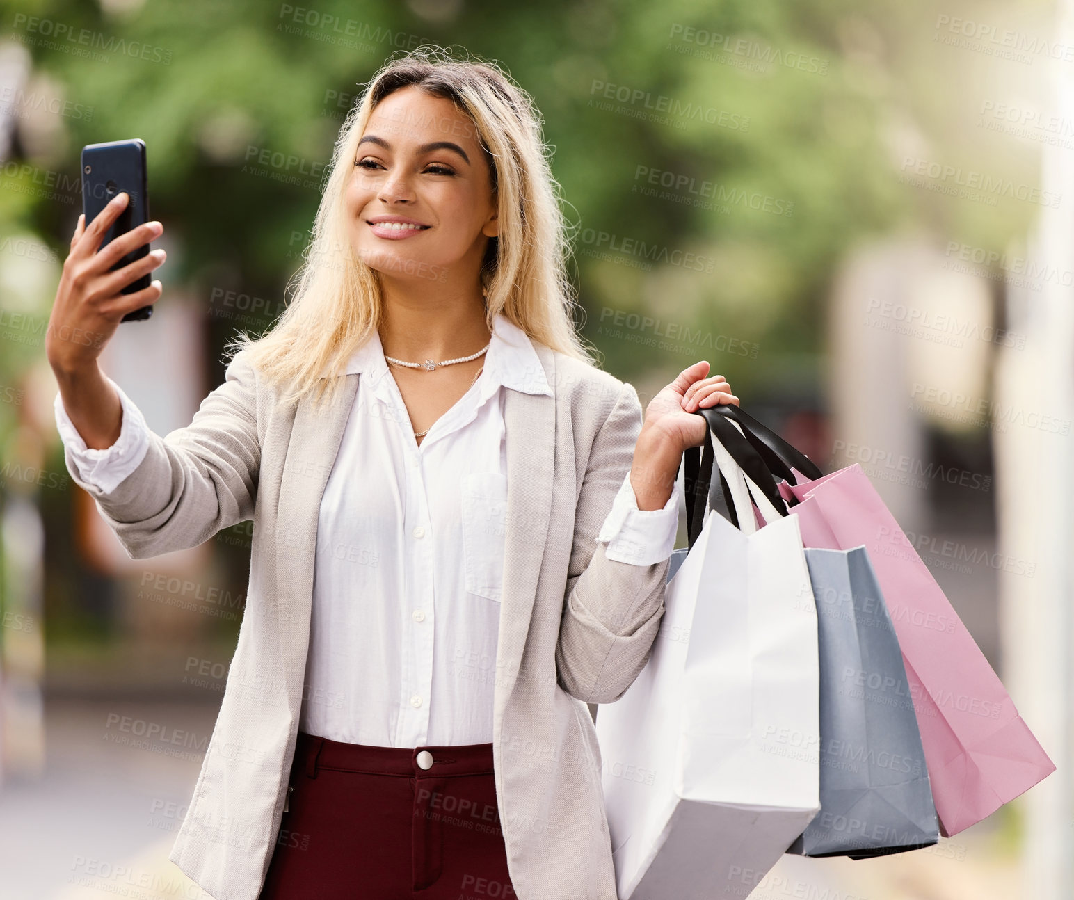 Buy stock photo Selfie, woman and shopping bags in city for social media, profile picture or sale notification. Fashion, retail and female customer with smartphone for content creator, influencer or luxury items