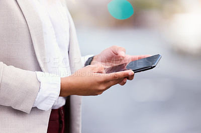 Buy stock photo Hands, smartphone and woman in city, typing and internet with commute, social media or website info. Person, employee or entrepreneur with cellphone, travel pr mobile user with digital app or contact