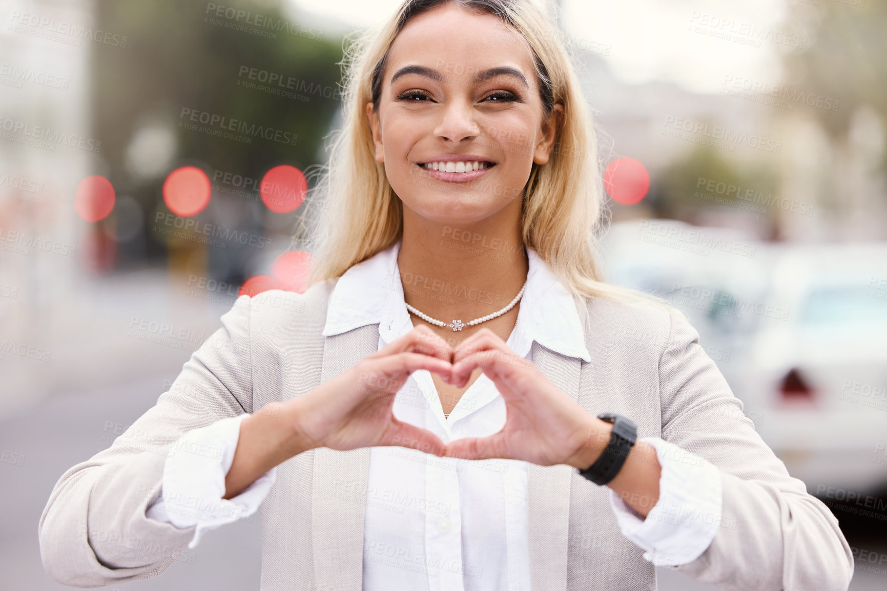 Buy stock photo Heart, hands and portrait of business woman in city with gratitude message, feedback and support. Emoji, fingers and love frame for travel agency praise, like or thank you for immigration experience