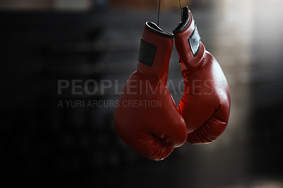 Buy stock photo Empty, gym and boxing gloves for fitness, sports and training, wellness and healthy lifestyle. Protective, glove and fighting sport equipment at a health center for workout, endurance and challenge