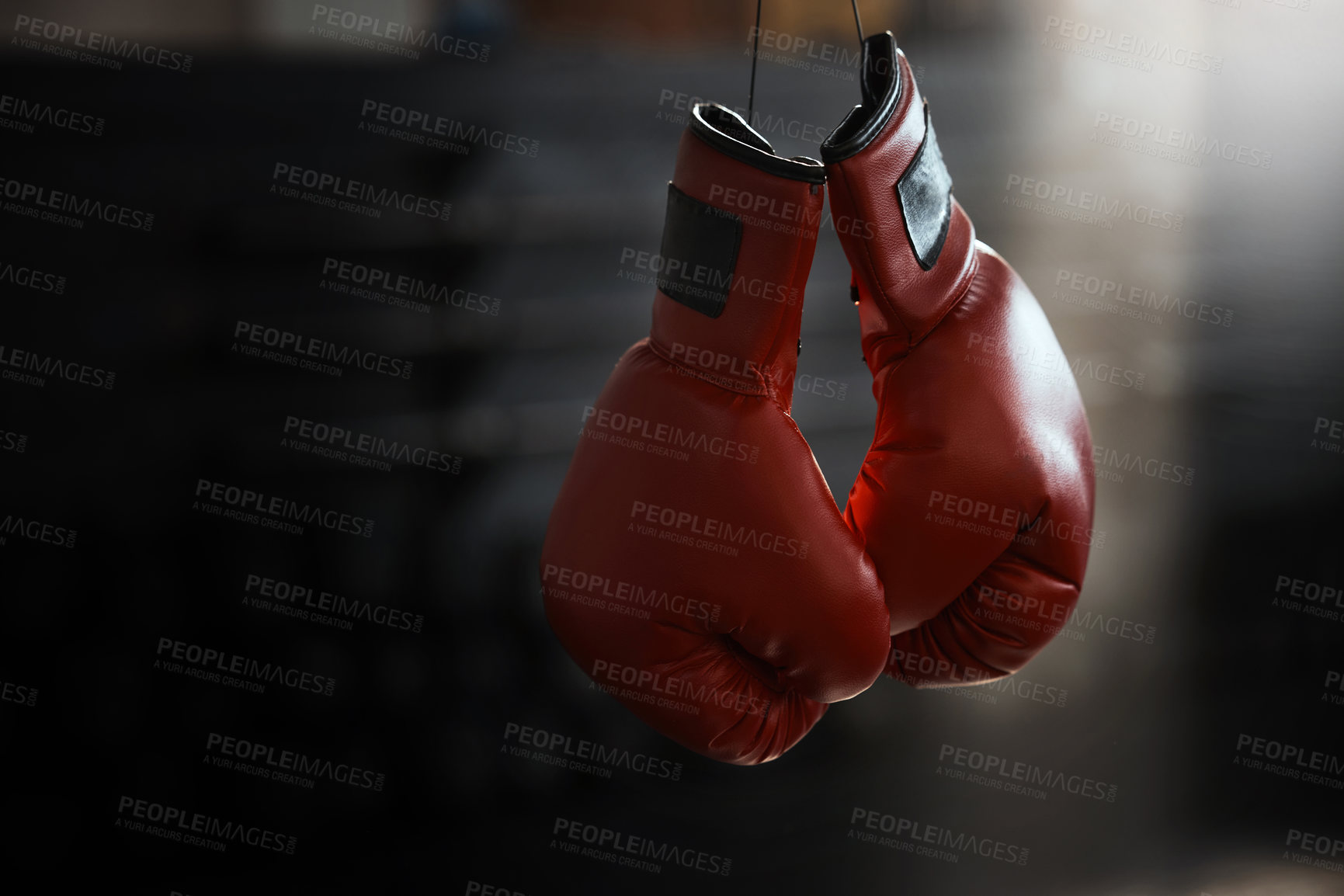 Buy stock photo Empty, gym and boxing gloves for fitness, sports and training, wellness and healthy lifestyle. Protective, glove and fighting sport equipment at a health center for workout, endurance and challenge